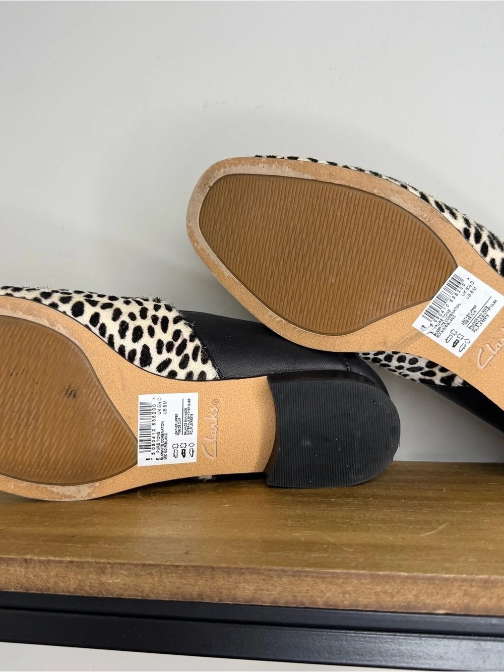 Clarks Pure Tone shoes in a black and white snow leopard print